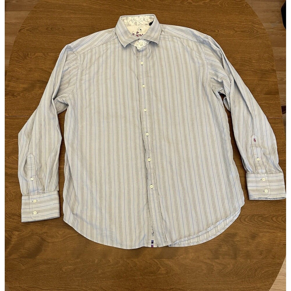 Robert Graham Shirt Men’s XL Striped Embroidered Signature Flip Cuff Long Flaws